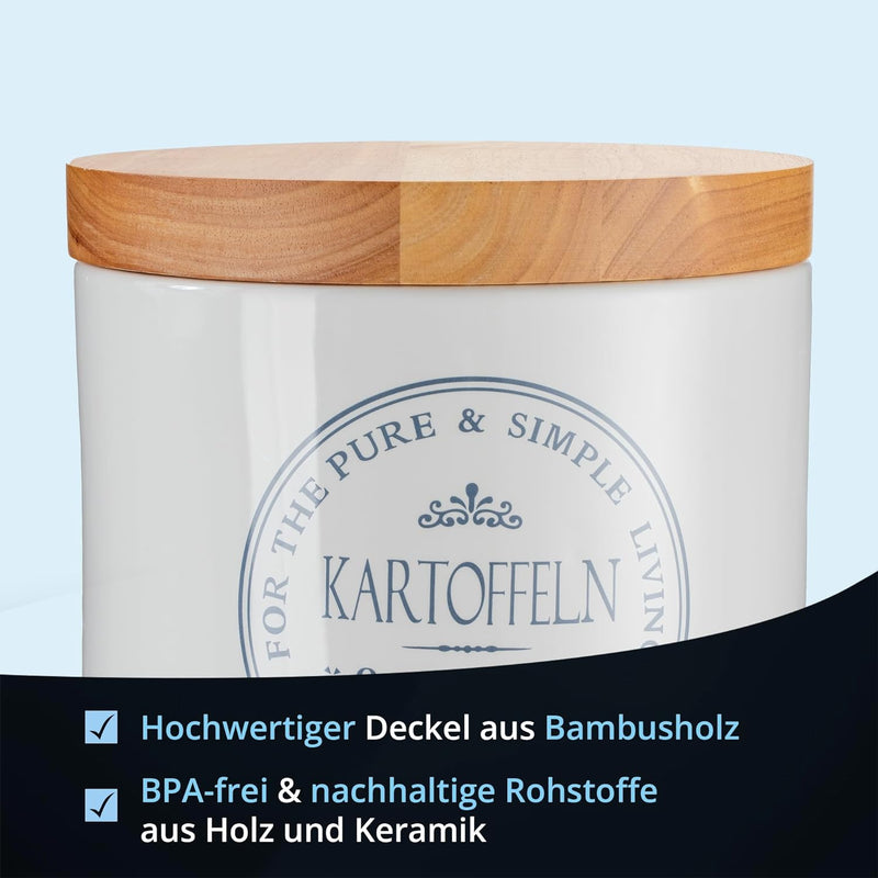 KHG Kartoffeltopf Keramik Steingut Weiss Holzdeckel Bambus, Kartoffel Aufbewahrung, ca. 4 kg oder 9