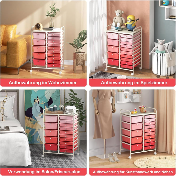 COSTWAY Rollwagen mit 15 stapelbaren Schubladen, Schubladenwagen Rollcontainer mit Metallgestell und