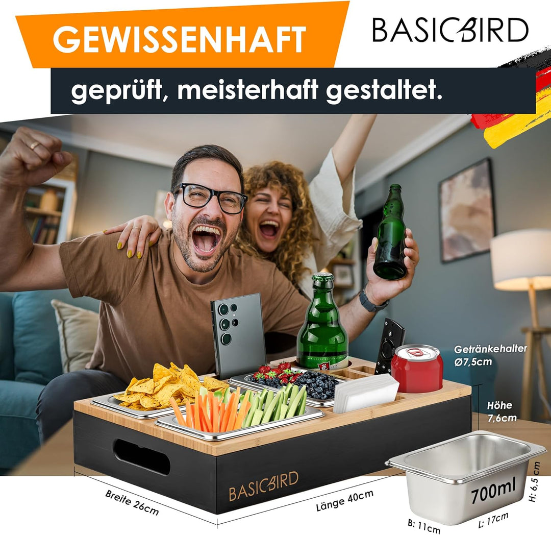 Couchbar Snackbox - Organizer Tablett- Snackspender mit 3X Snackschale - Holz Sofatablett für Sofa,