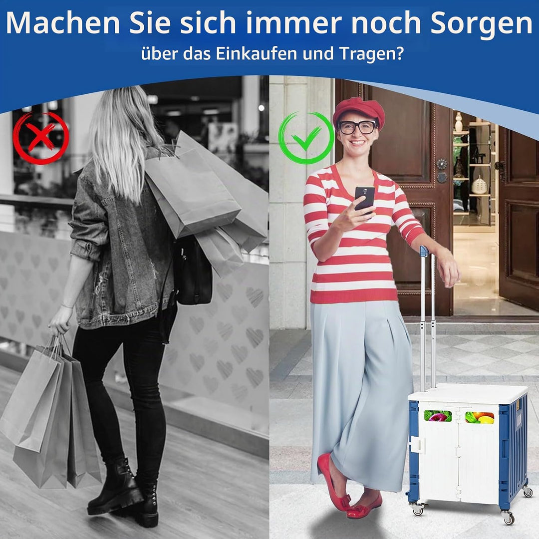 Einkaufstrolley Klappbar, Einkaufstrolley mit Deckel 65L bis 40KG, Kunststoff Einkaufswagen Klappbar