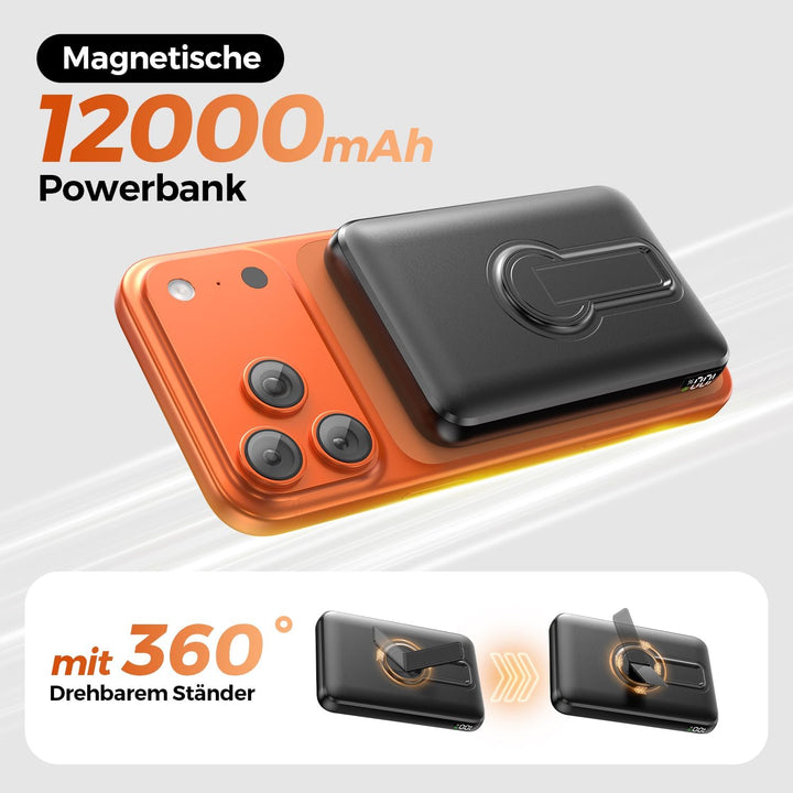 Powerbank für Magsafe, Magnetische Power Bank 12000mAh mit PD 22.5W, Schnellladung Kabelloses Powerb