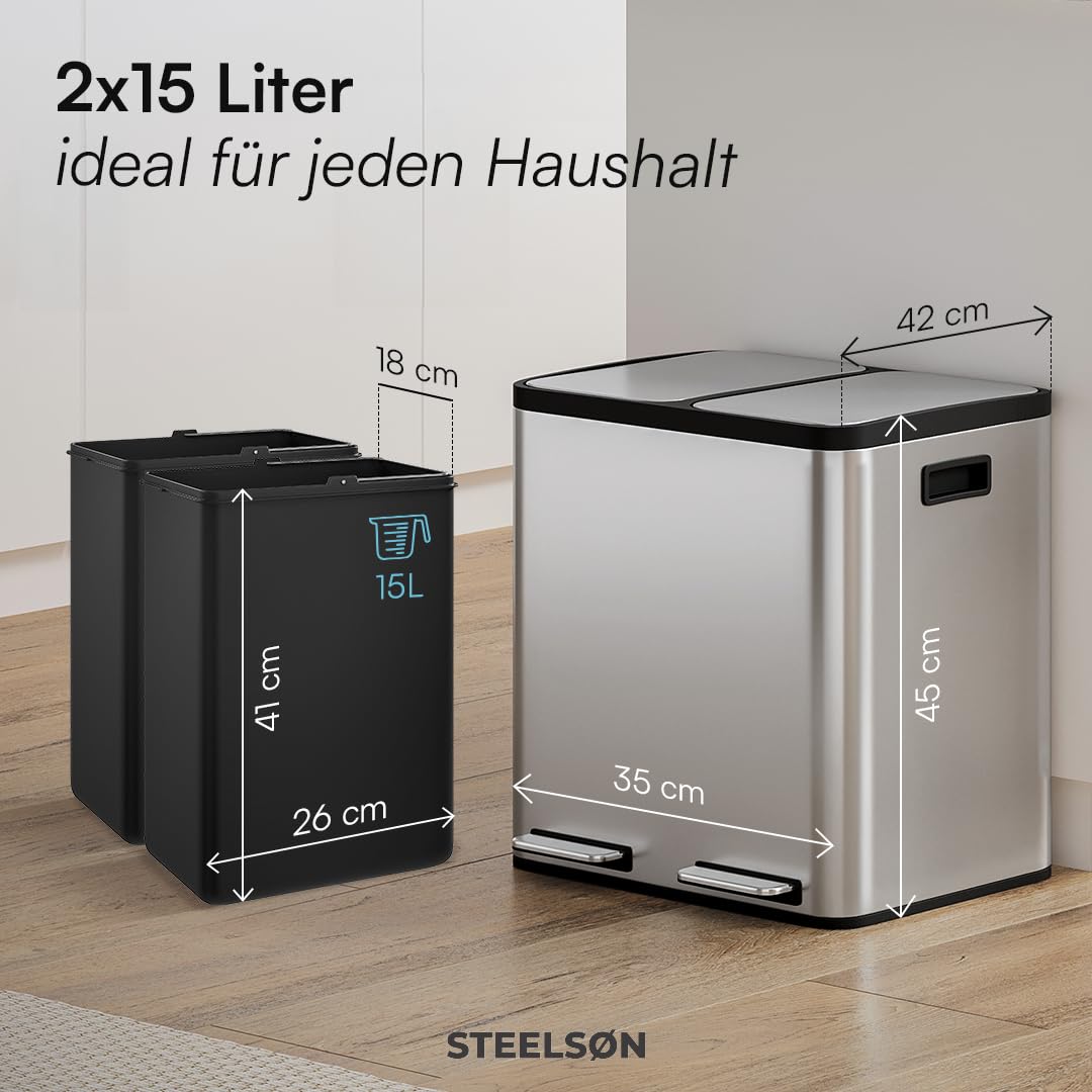 STEELSØN Epsilon Mülleimer 2 Fächer – Mülltrennsystem Küche 2x15L aus Edelstahl Silber – Tretmülleim