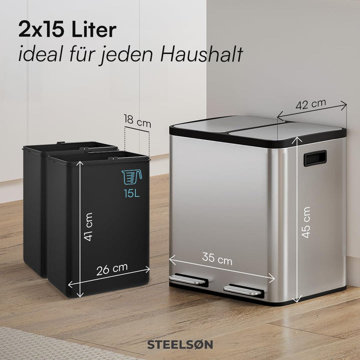 STEELSØN Epsilon Mülleimer 2 Fächer – Mülltrennsystem Küche 2x15L aus Edelstahl Silber – Tretmülleim