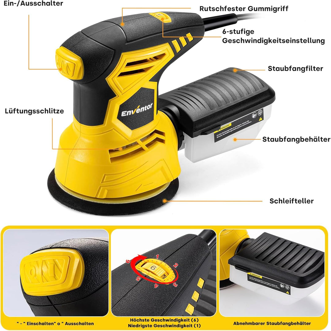 Enventor Exzenterschleifer 125mm, 300W Schleifmaschine 6000-13000 OPM, 6 Gänge, Multischleifer mit A