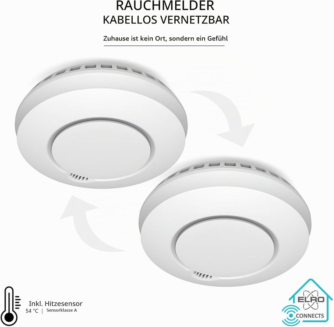 2-er Set ELRO Connects Funk Rauchmelder FZ5002R - DIN EN14604 geprüft - mit Hitzesensor 2 Stück Rauc