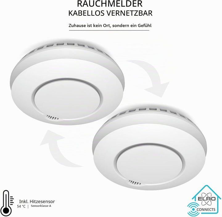 2-er Set ELRO Connects Funk Rauchmelder FZ5002R - DIN EN14604 geprüft - mit Hitzesensor 2 Stück Rauc