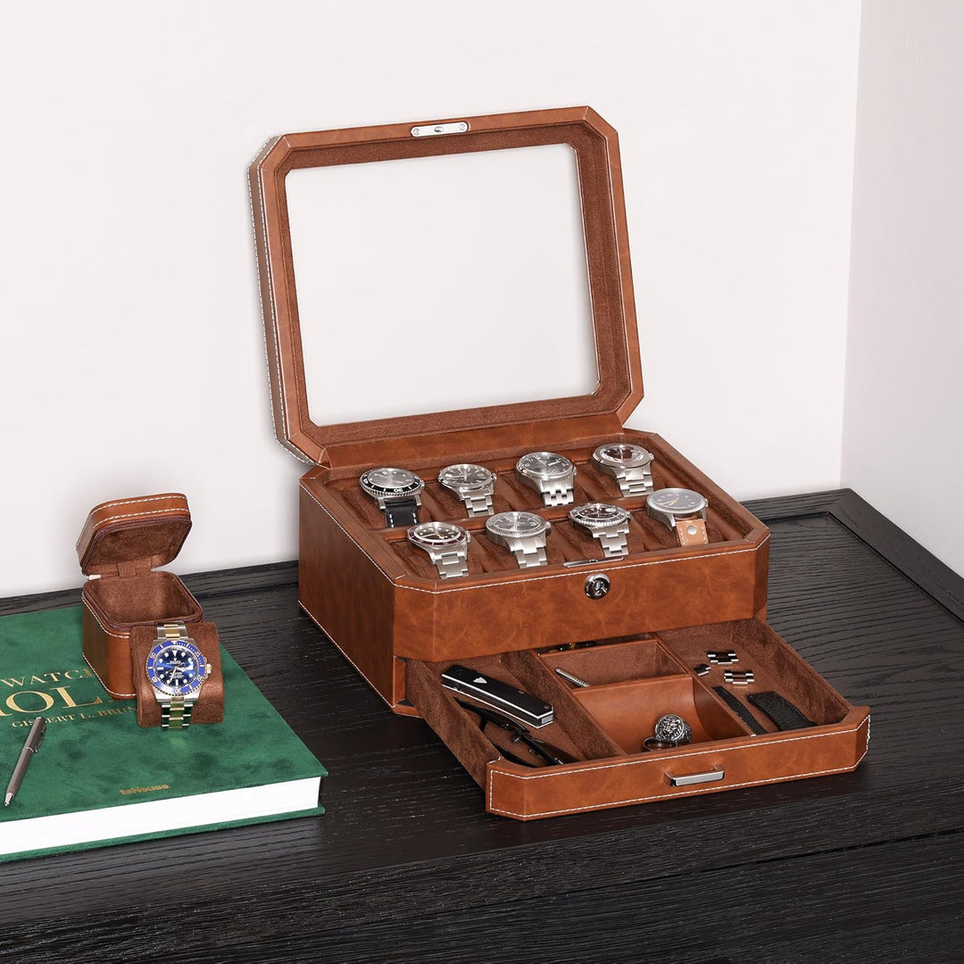 ROTHWELL Uhrenbox aus Leder mit 8 Schlitzen und Aufbewahrungsschublade – Luxus-Uhrengehäuse, Schmuck