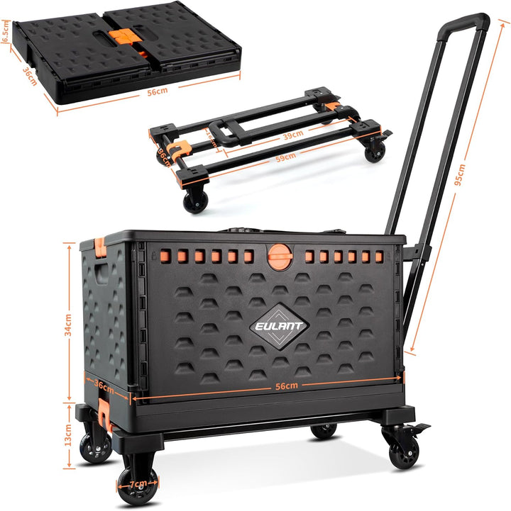 EULANT 2 in1 Faltbare Handwagen mit 60L Faltbox &amp; Deckel, Transportkiste mit Rollen &amp; Bremse, Utilit