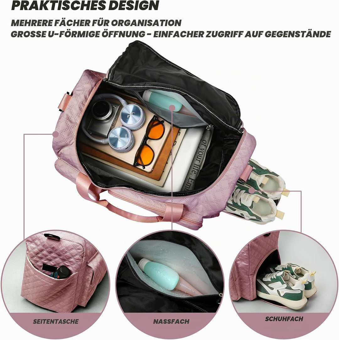 Sporttasche Damen，Reisetasche mit Nassfach und Schuhfach Wasserdichter Handgepäck Tasche, Weekender