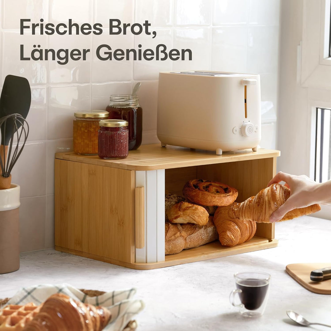 Praknu Brotkasten Gross aus FSC® Holz mit Schiebetür - Brotaufbewahrung 40x28cm - Platzsparend und s