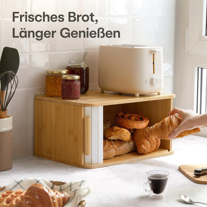 Praknu Brotkasten Gross aus FSC® Holz mit Schiebetür - Brotaufbewahrung 40x28cm - Platzsparend und s
