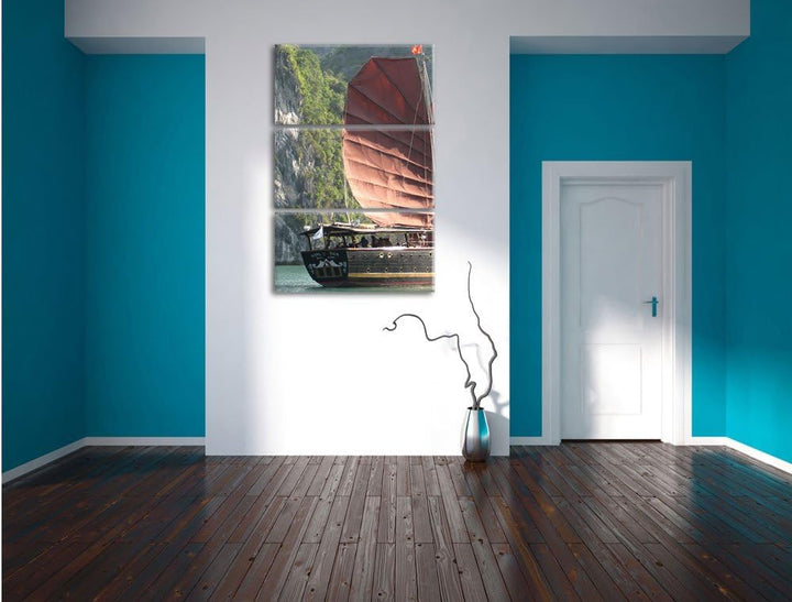 Pixxprint Segelschiff im Sonnenuntergang 3Teiler 120x80 cm Leinwandbild Wandbild Kunstdruck