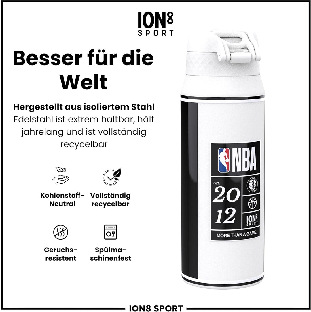ion8 NBA Brooklyn Nets Trinkflasche Mit Herausnehmbarem Strohhalm, 750ml/24oz, Auslaufsichere Isolie