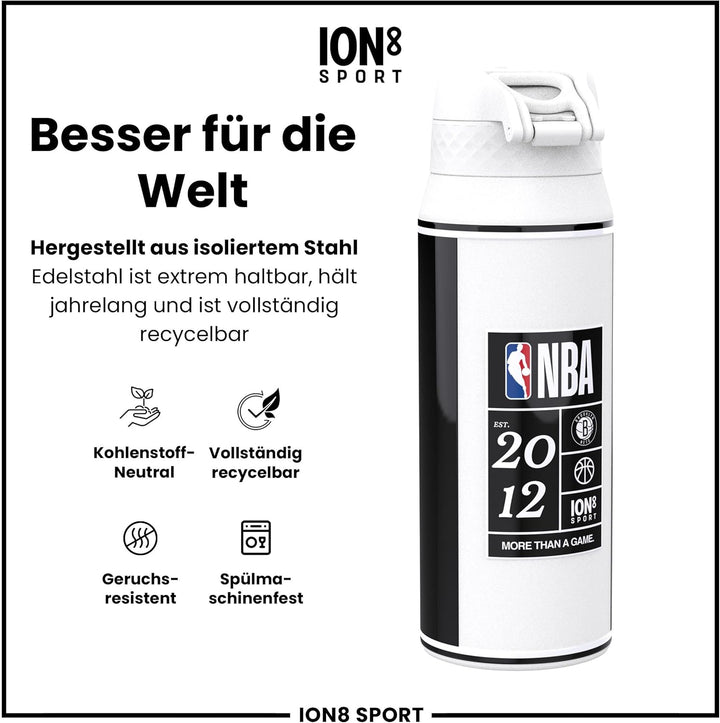 ion8 NBA Brooklyn Nets Trinkflasche Mit Herausnehmbarem Strohhalm, 750ml/24oz, Auslaufsichere Isolie