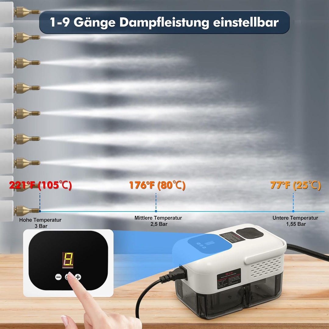 Dampfreiniger für Haushalt und Auto 2500W, 9-Stufig Einstellbarer Dampfreiniger, 1,2 l grosser Tank,