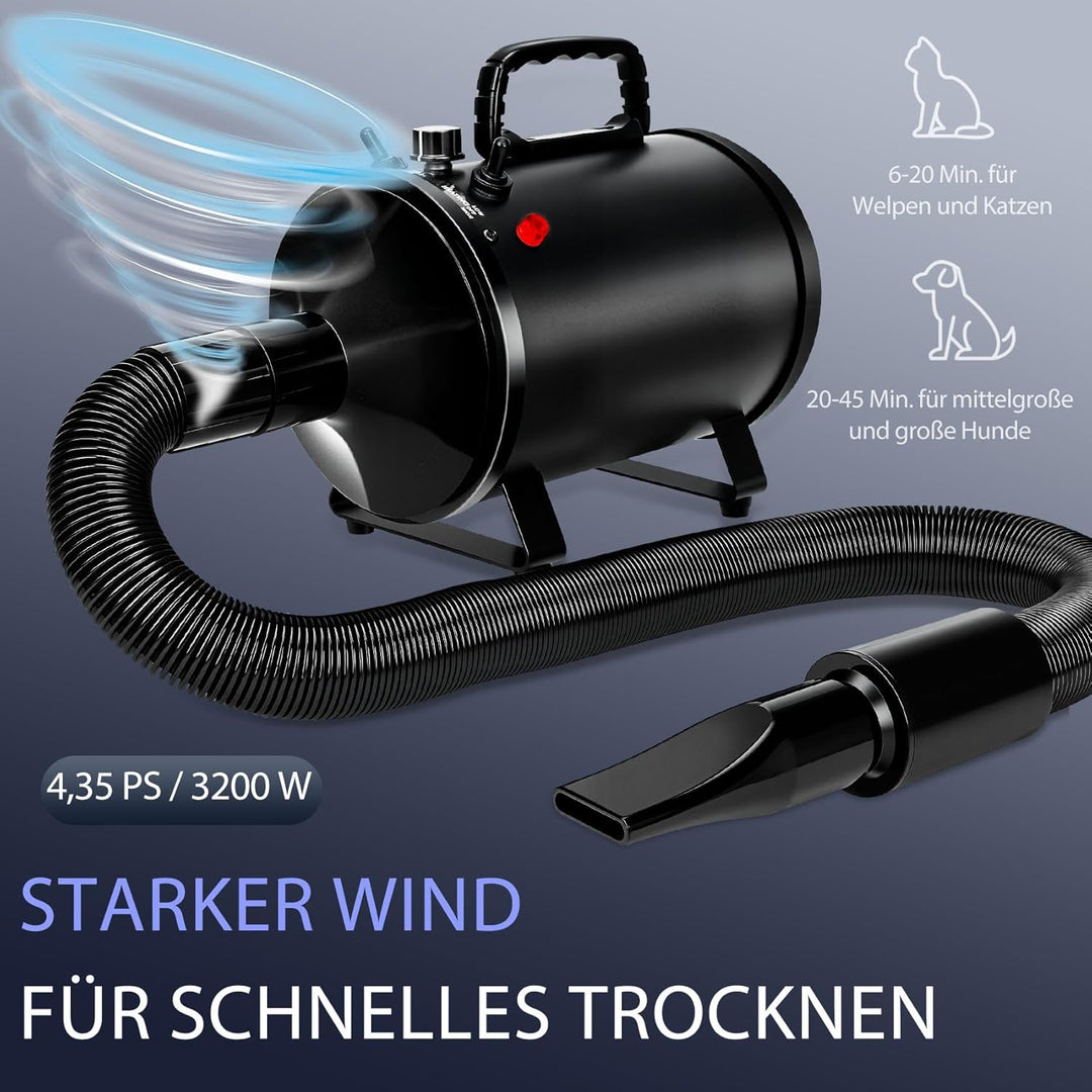 Hundefön 4,3PS/3200W mit 3 Temperaturstufen, stufenlos regelbarem Luftstrom und 5 Aufsätzen – Profes
