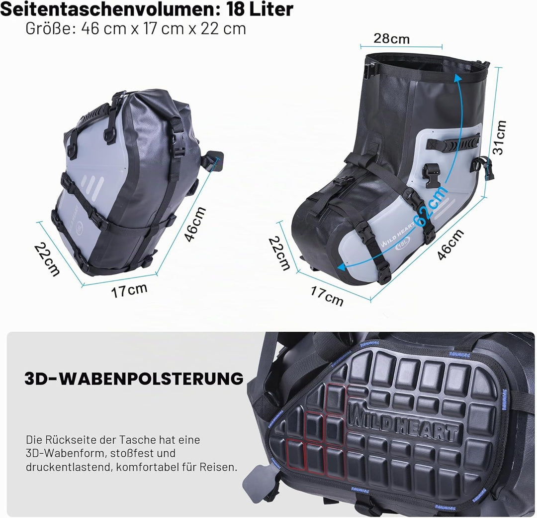 WILD HEART Motorrad-Satteltaschen, wasserdicht, 36 l (18 l x 2), Motorrad-Seitensatteltaschen, Gepäc