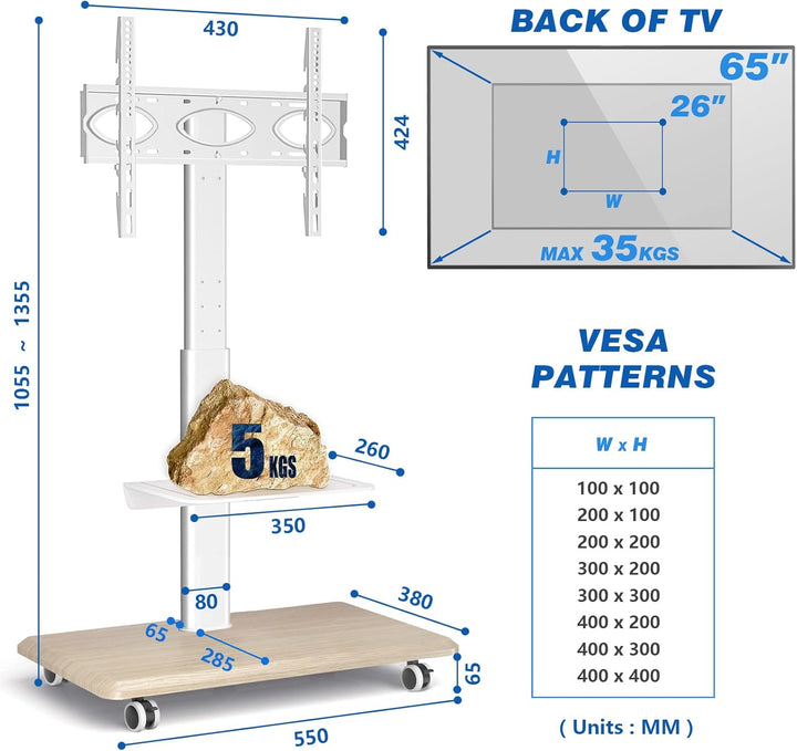 RFIVER TV Ständer Rollbar Fernsehständer Bodenständer TV Rollwagen Wagen mit Rollen für 26-65 Zoll H