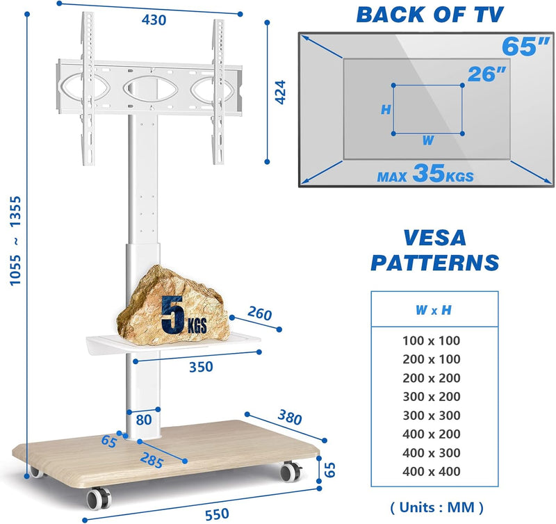 RFIVER TV Ständer Rollbar Fernsehständer Bodenständer TV Rollwagen Wagen mit Rollen für 26-65 Zoll H