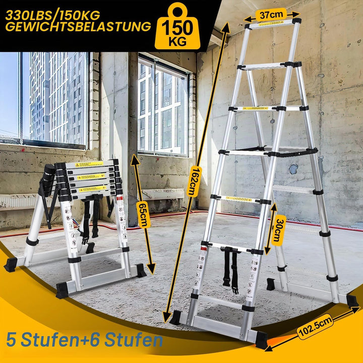 Cecaylie 1.7M+2.0M Teleskopleiter Klappleiter A-Rahmen 5 + 6 Stufen Max Belastung 150 KG/330 Pfund,
