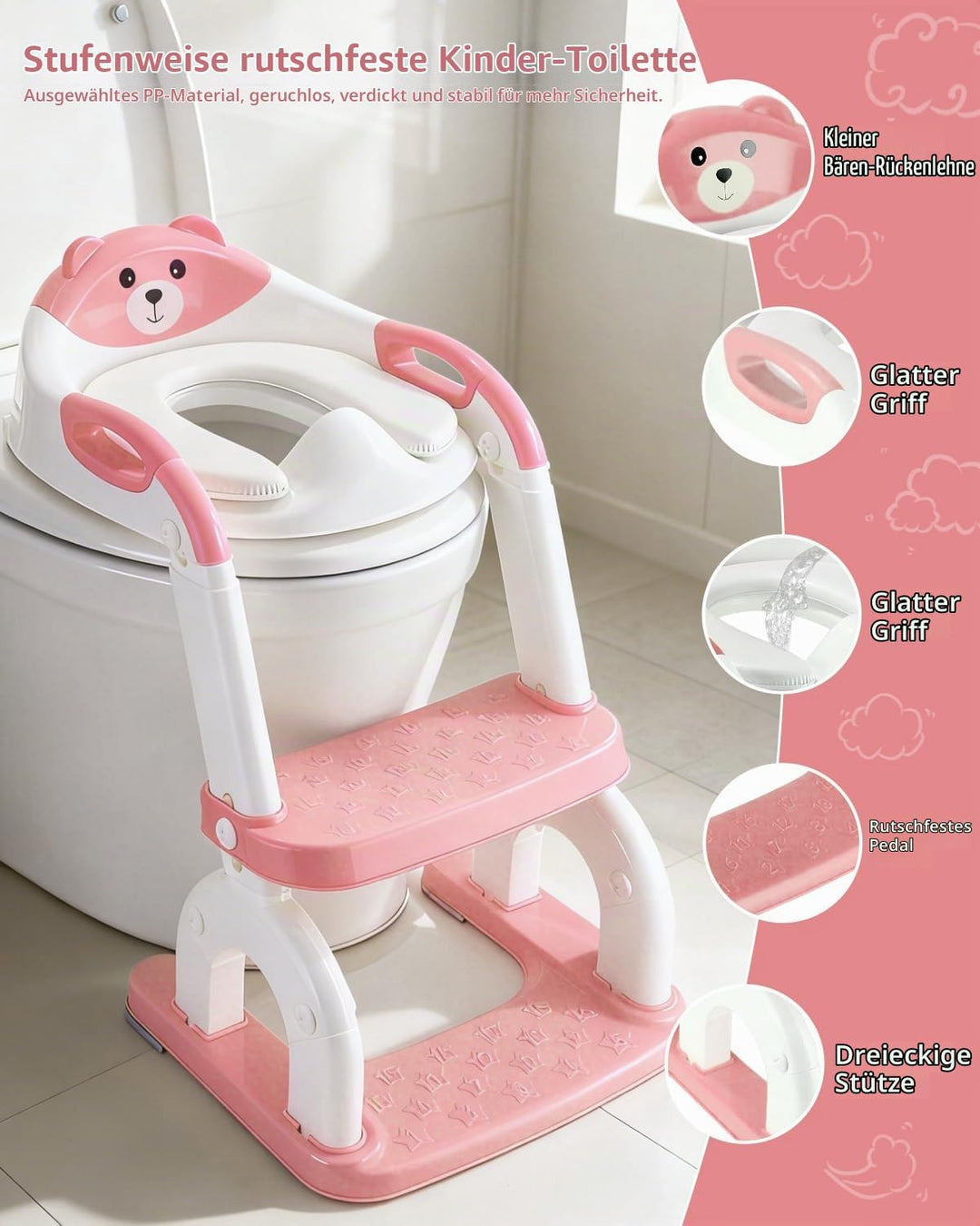 Toilettensitz Kinder mit Treppe,2in1 Höhenverstellbar Faltbarer Toilettensitz Kinder mit Gepolsterte