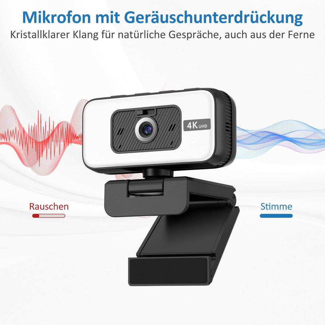 4K Webcam mit Licht & Zoom, USB Computer Kamera mit Mikrofon, Privatsphäre-Abdeckung & Anti-Stör-Lic