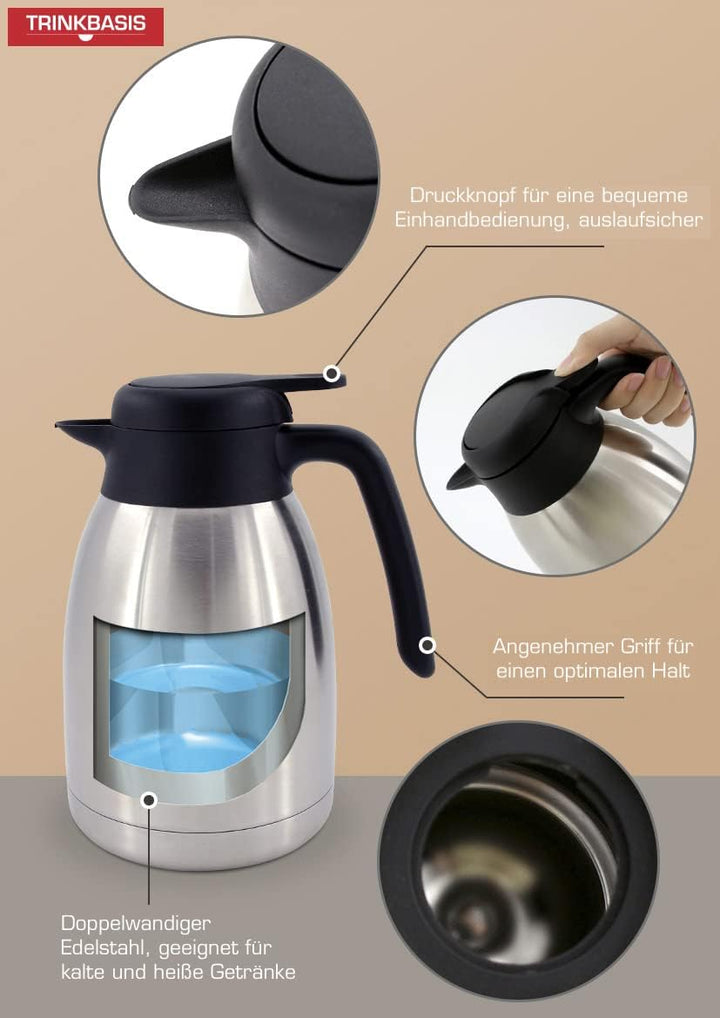 TRINKBASIS Isolierkanne 1,5 L – Thermoskanne aus doppelwandigem Edelstahl für bis zu 10 Tassen Kaffe