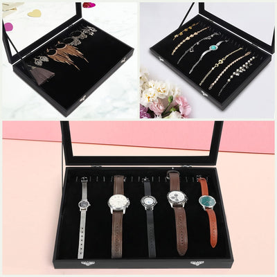 Kurtzy Jewelry Organizer Schmuckkasten Schwarz, Samt Box Glas Deckel Verschliessbar & 20 Haken (2Stk