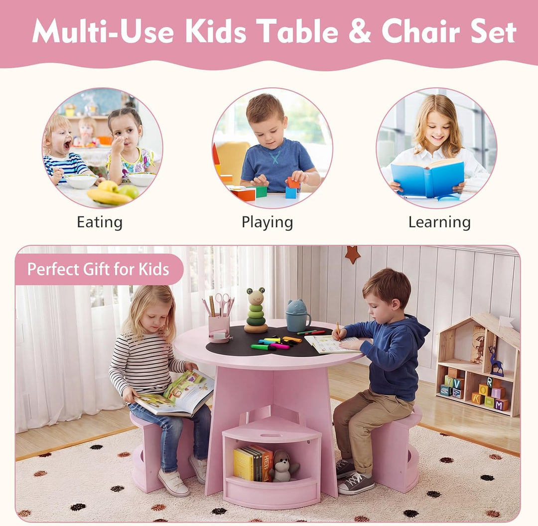 FANTASK 5-TLG. Kindertisch Stuhl Set Rund, Holztisch mit 4 Stauraumhockern, Maltisch für Kinderzimme