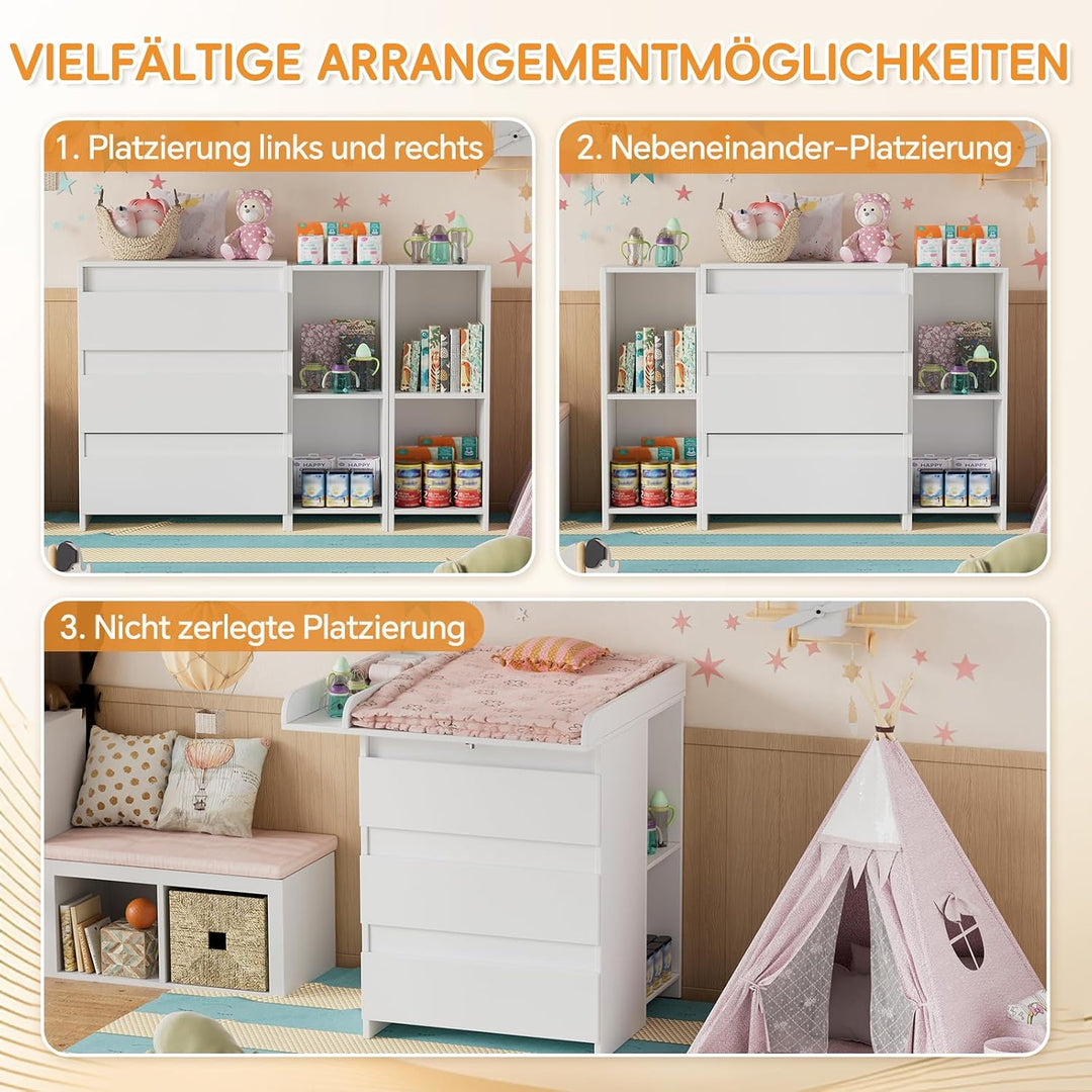 2-in-1 Wickelkommode mit abnehmbarem Wickelaufsatz,Baby Wickeltisch Weiss, Kommode mit 3 Schubladen