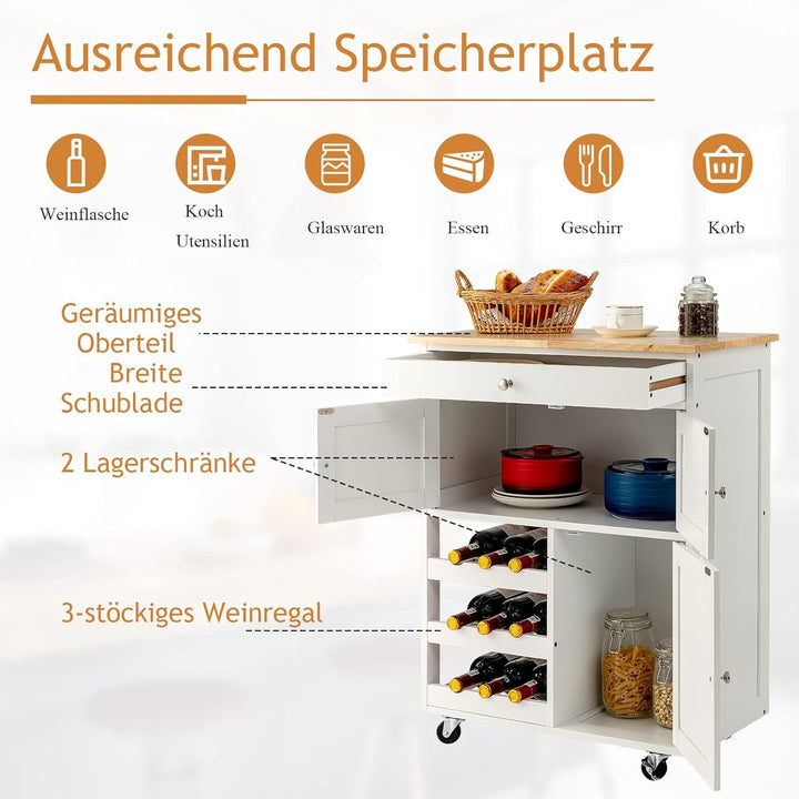 GOPLUS Küchenwagen auf Rollen, Servierwagen mit 1 Schublade 2 Schrank & Weinregal, Rollwagen aus Hol