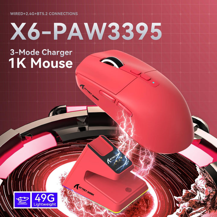 ATTACK SHARK X6 49g Superlight Mouse with Magnetic Charging Dock, PixArt PAW3395 Gaming Sensor, BT/2