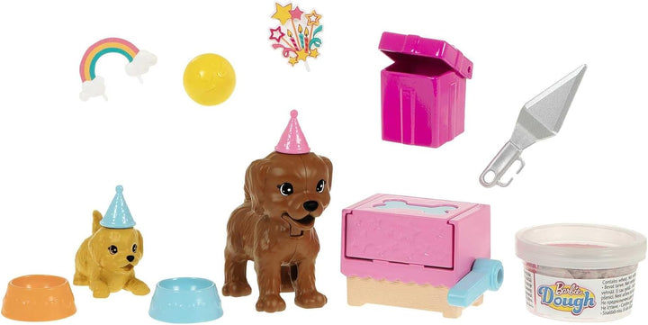 Barbie Welpenparty, Barbiepuppe mit blonden Haaren, Zwei Hundewelpen, Knetmasse für Hundekuchen, Zub