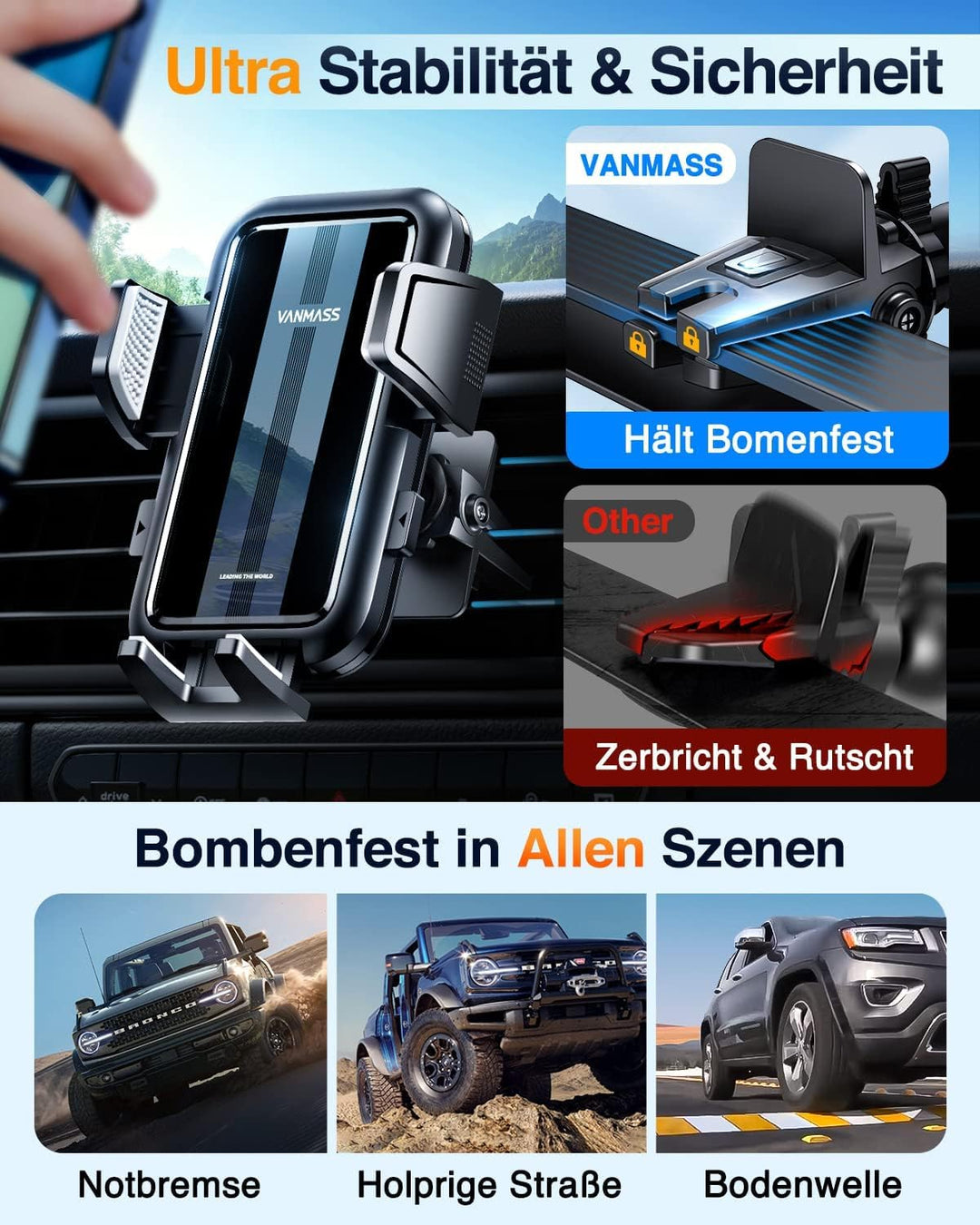 [2022 Pro Version] VANMASS Handyhalterung Auto Saugnapf & Lüftung 4 in 1 [Anti-Vibration] Smartphone