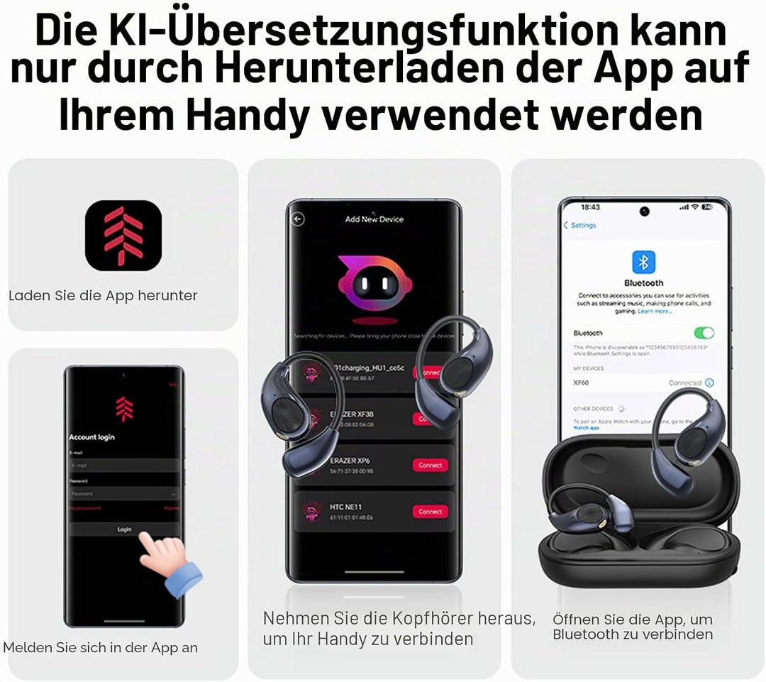 KI Kopfhörer Übersetzer, 3-in-1 Bluetooth 6.0 Echtzeit Sprachübersetzungs Kopfhörer, 135 Sprachen (m