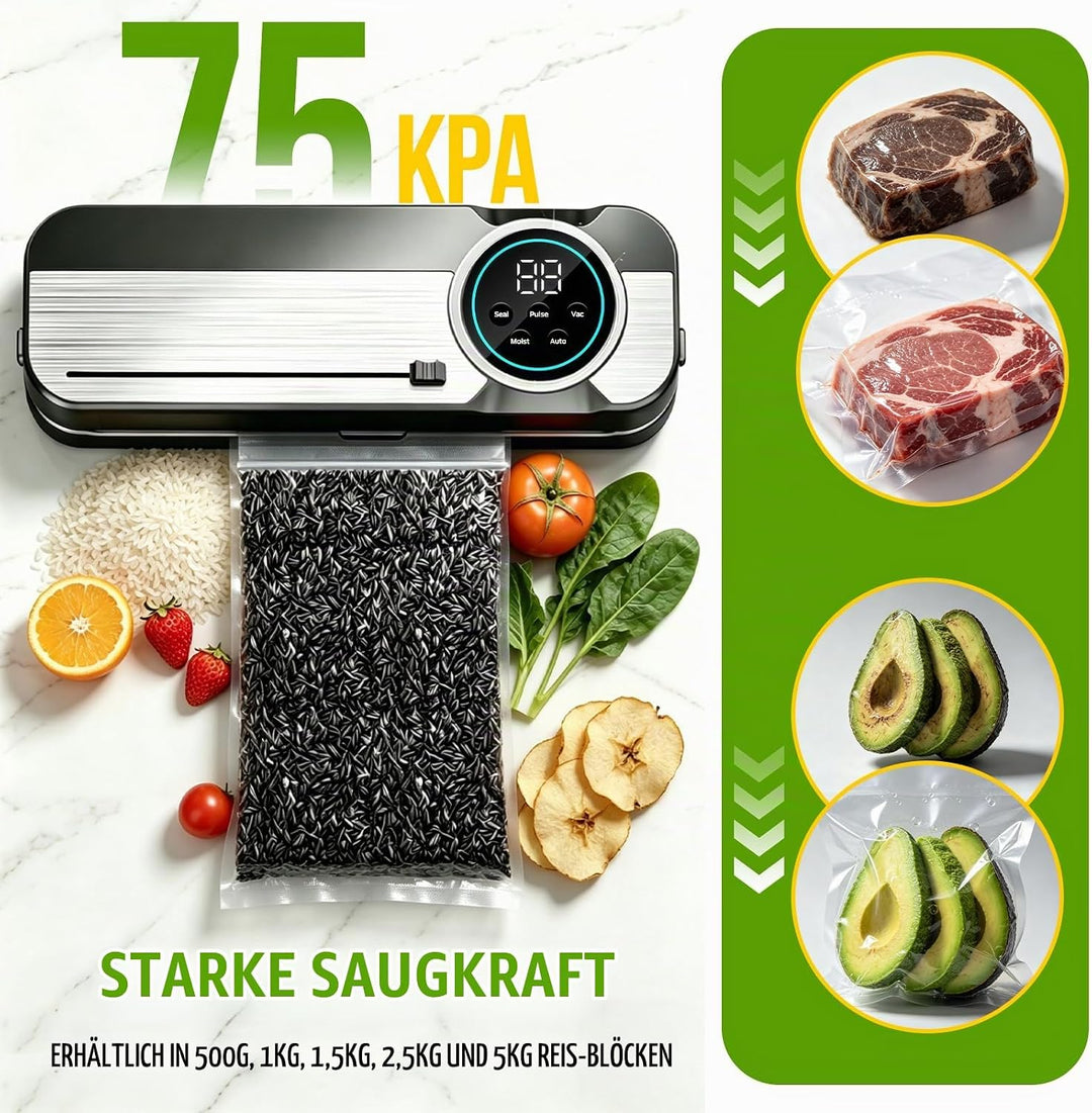 RoserRose 6 in 1 Vakuumiergerät, 120W Vacuum Sealer Machine mit Trocken-/Moist-Modus, 75 kPa Foliens