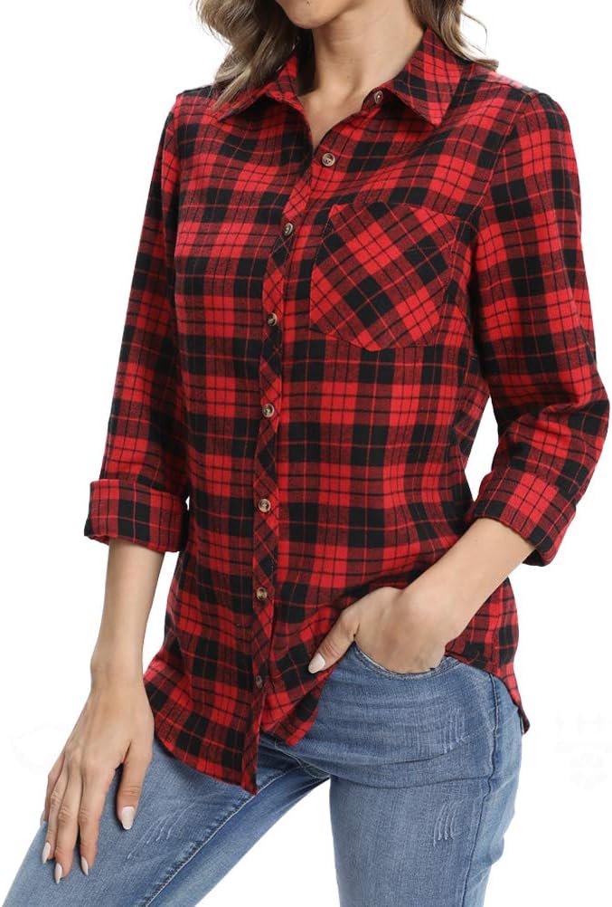 fuinloth Hemd Damen Kariert Trachtenbluse Plaid Langarmshirt Flanell Bluse Elegant Oberteile aus Bau