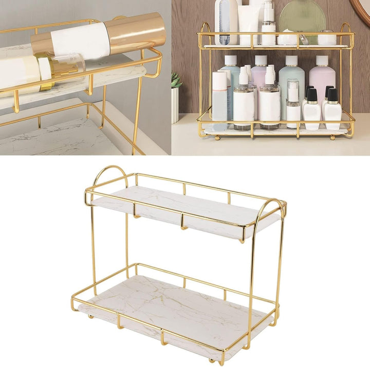 Bad-Organizer mit 2 Ebenen, Goldfarbenes Metall-Regal für Kosmetik & Parfüm, Wasserdichtes Tablett f