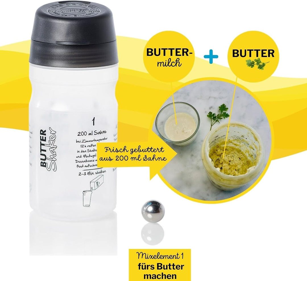 Grosses Shaker-Set (SCHWARZ) mit Butter-Shaker + 4-Portionen 2 x Kochbücher