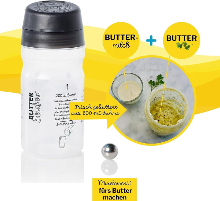Grosses Shaker-Set (SCHWARZ) mit Butter-Shaker + 4-Portionen 2 x Kochbücher