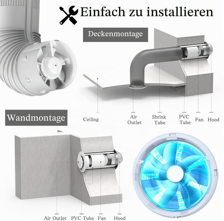 Kanal Rohrventilator 100mm Inline Abluftventilator, 107m³/h, Hohe Qualität, Leise, Rauchabzug Kanalv