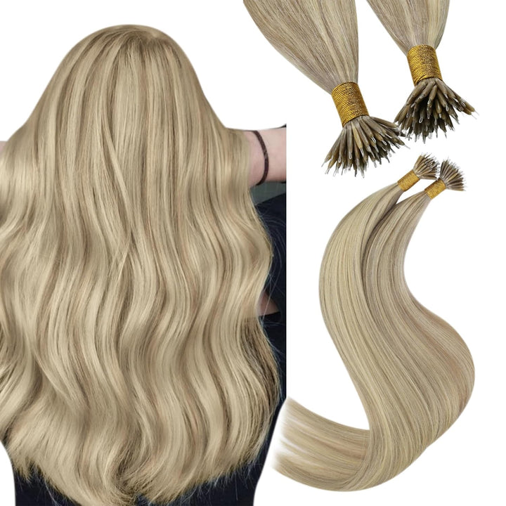 YoungSee Nano Extensions Echthaar Blond 55 cm Nanoring Extensions Echthaar Gesträhnt Goldblond Mit B