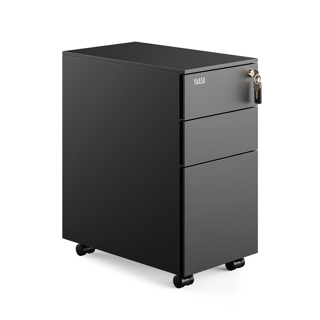 Yaasa File Cabinet Edged Kompakt Schwarz - Rollcontainer aus Stahl, Aktenschrank mit 3 verschliessba