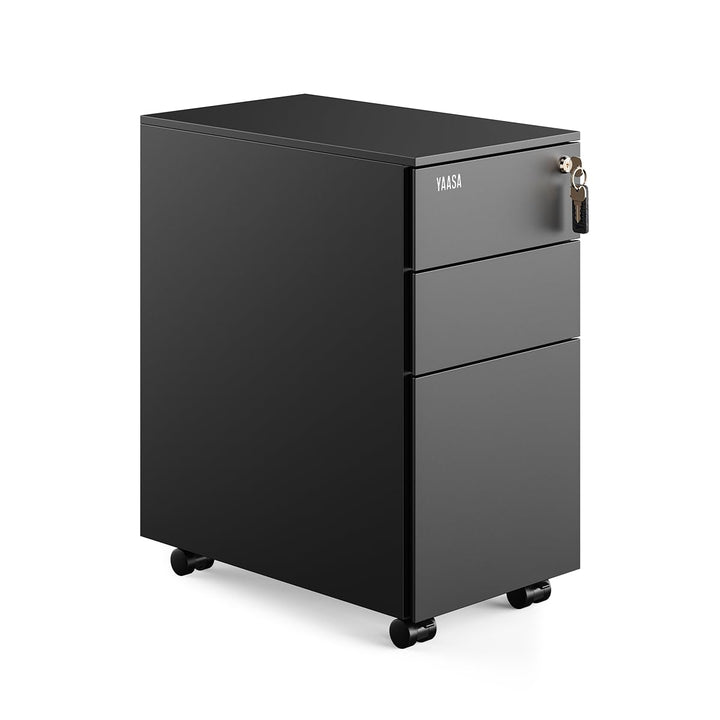 Yaasa File Cabinet Edged Kompakt Schwarz - Rollcontainer aus Stahl, Aktenschrank mit 3 verschliessba
