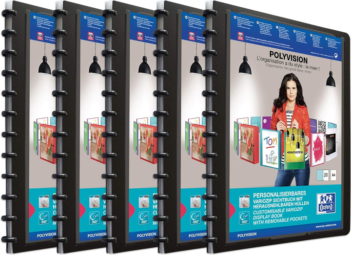 Oxford polyvision Ringmappe A4, mit vario-zipp, 20 Hüllen, schwarz, 5er Pack & Ring-Mappe A4, polyvi