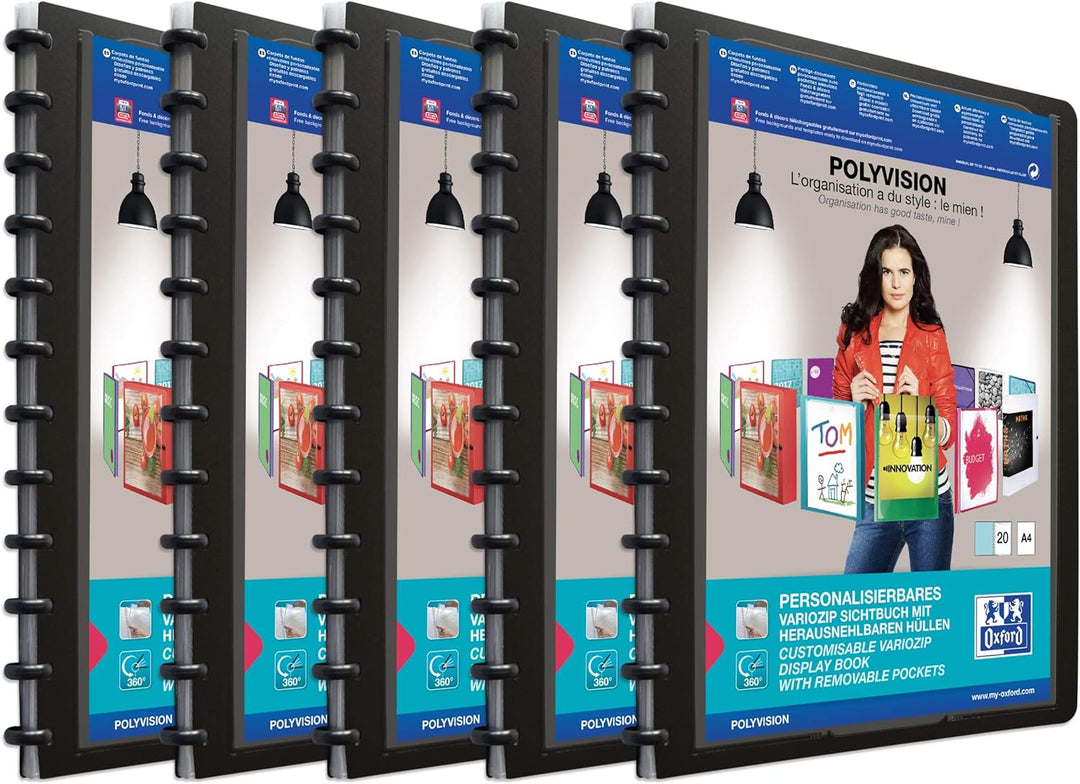 Oxford polyvision Ringmappe A4, mit vario-zipp, 20 Hüllen, schwarz, 5er Pack &amp; Oxford manageMe Ringm