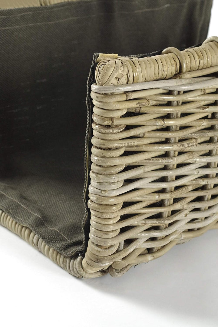 Kobolo Holztrage Holzkorb für Kaminholz eckig - Rattan grau - mit dunklem Stoff ausgestattet