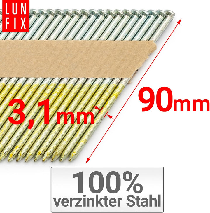 34° Ringschaftnägel 3,1x90 mm aus Stahl verzinkt, papiergebunden auf Streifen – Packung 2000 Stk. –