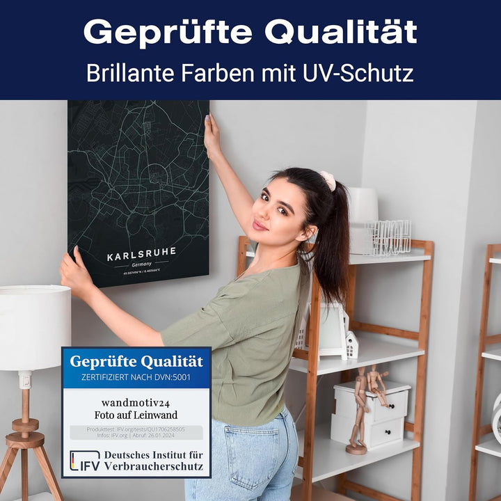 wandmotiv24 Stadt Karte als Leinwandbild, 100x75cm, Hochformat, Karlsruhe, Deutschland, Strassen, An