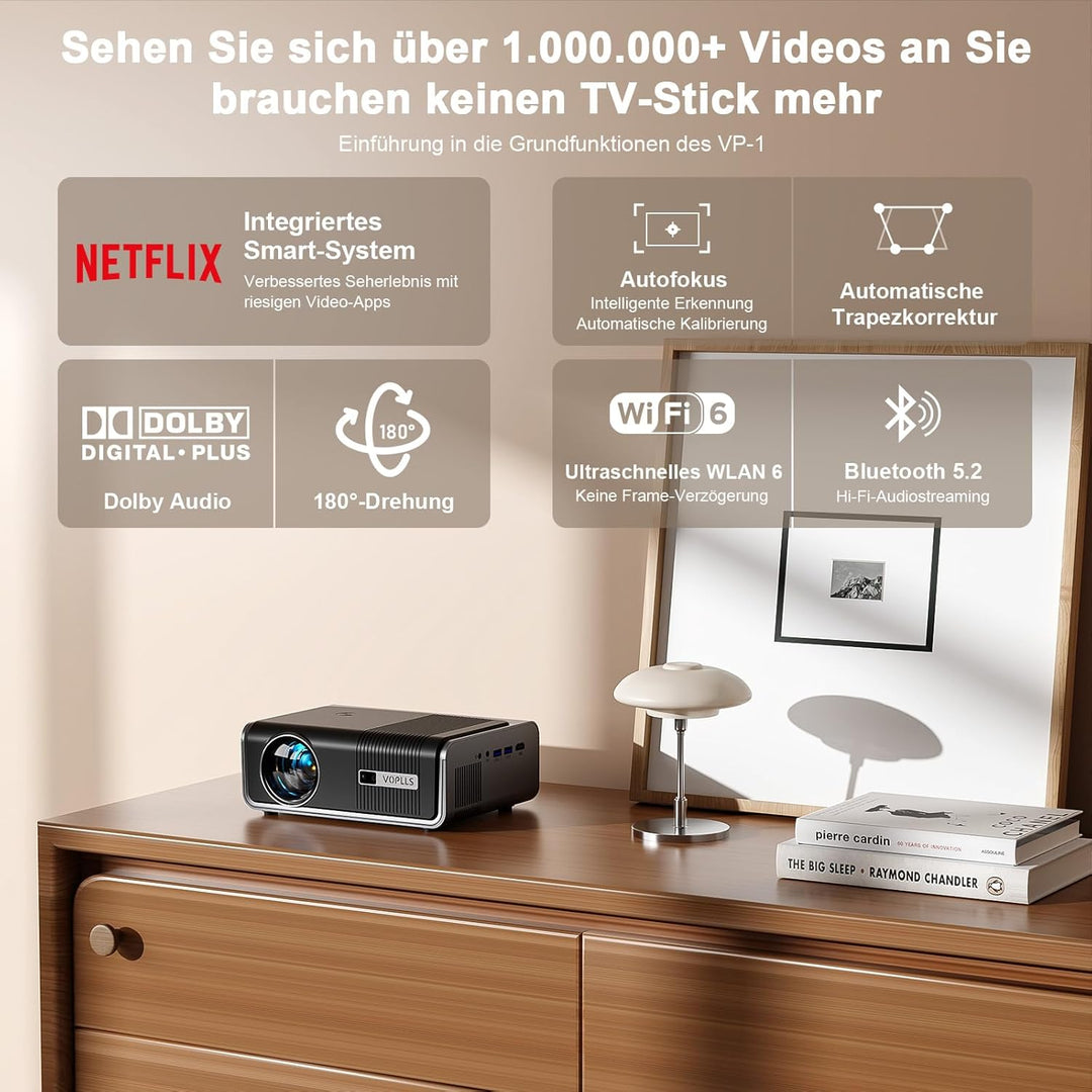 Smart Beamer 4k [Kompatibel mit Netflix & Dolby Audio] VOPLLS Autofokus/Trapezkorrektur Projektor, W